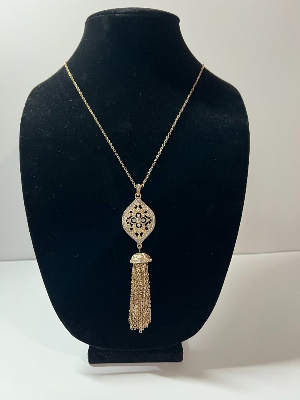 Gold Tassel Pendant Necklace Long Chain Boho Statement Filigree Crystal